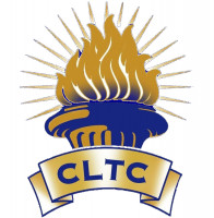 A blue and gold logo with flames on it.